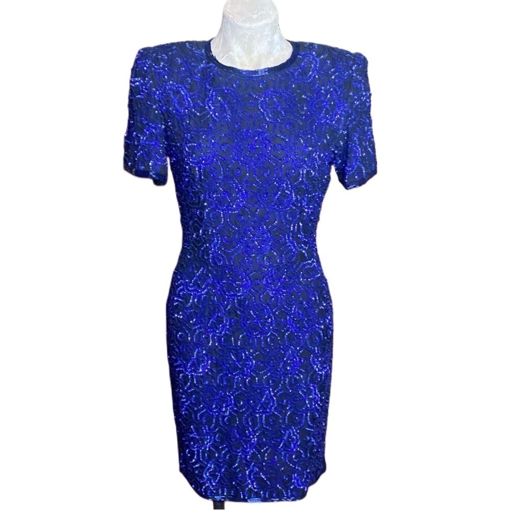 Vintage 80s Stenay dress black silk embellished w Royal blue/purple sequins Sz 6